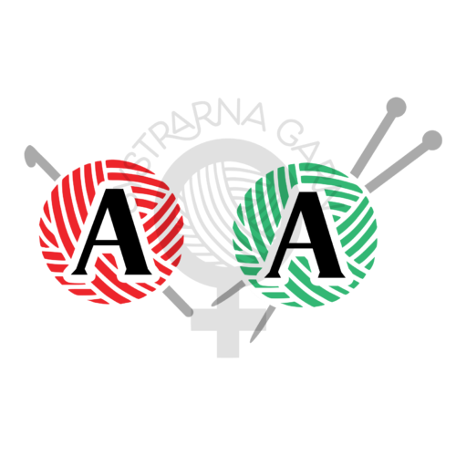 Två stycken runda garnnystan. Bokstaven A är utskuren ur nystanen. Ur nystanen sticker det ut stickor/virknål.