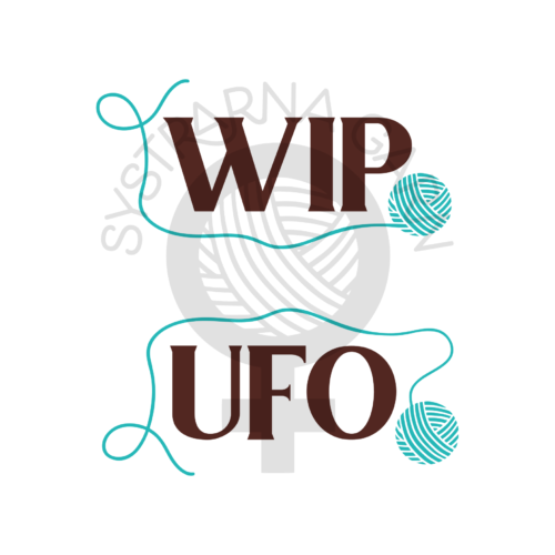 Förkortningarna “UFO” och “WIP”. Vid varje förkortning finns ett garnnystan och garn slingrar runt.