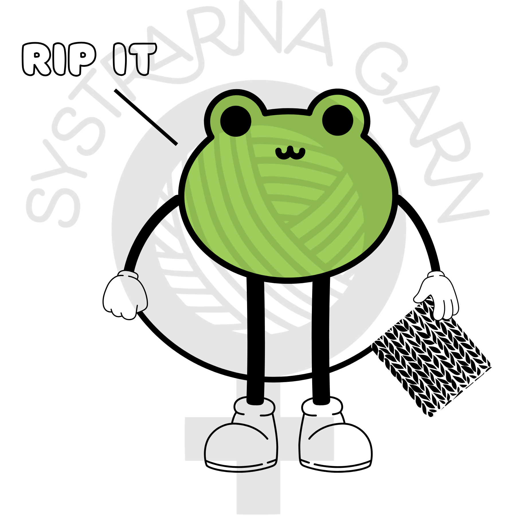 En tecknad groda som repar upp ett stickningsprojekt. Ett streck leder från grodans mun till texten "Rip it".