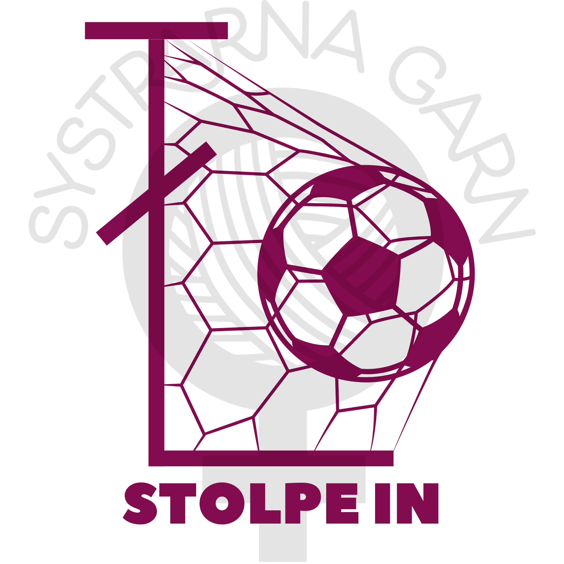 Ett fotbollsmål i profil där stolpen är en stolpe från ett virkningsmönster. En fotboll sitter i nätet.